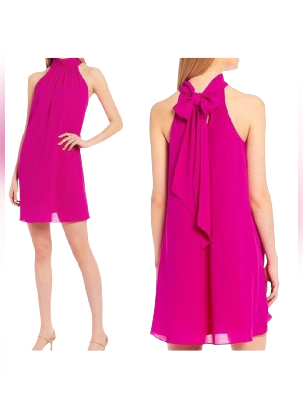 Belle Badgley Mischka bow tie Georgette Halter Mockneck Dress Fuchsia size 0
